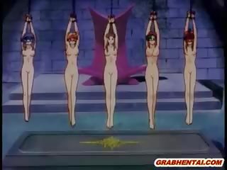 Five hentai dekleta verige in skupina poking s monsters